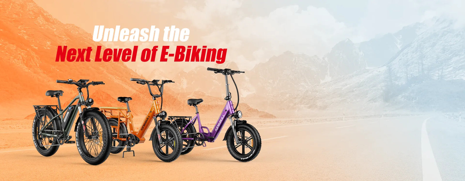 KINGBULL e-bike promotional image featuring three models (green, orange, purple) with the tagline “Unleash the Next Level of E-Biking” and a gradient mountain road background
