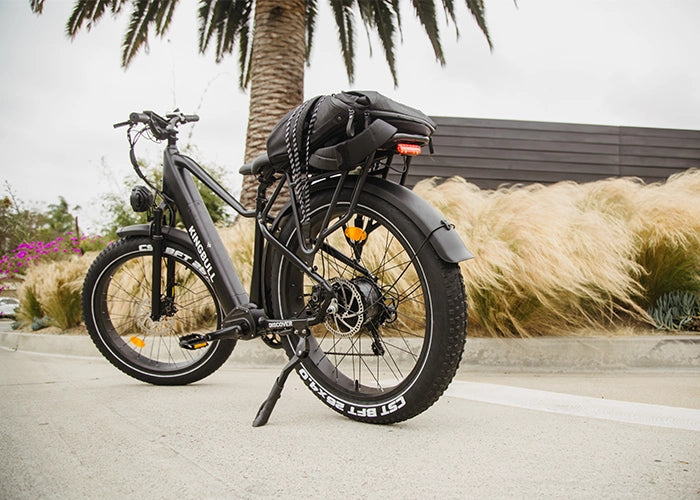 Black KINGBULL electric bicycle featuring a rear rack and bag, set outdoors with palm trees and grasses in the background