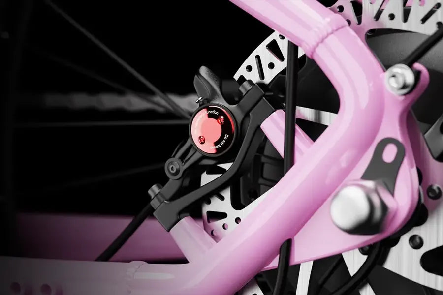 Close-up of Kingbull’s 4-piston brake system during hard braking