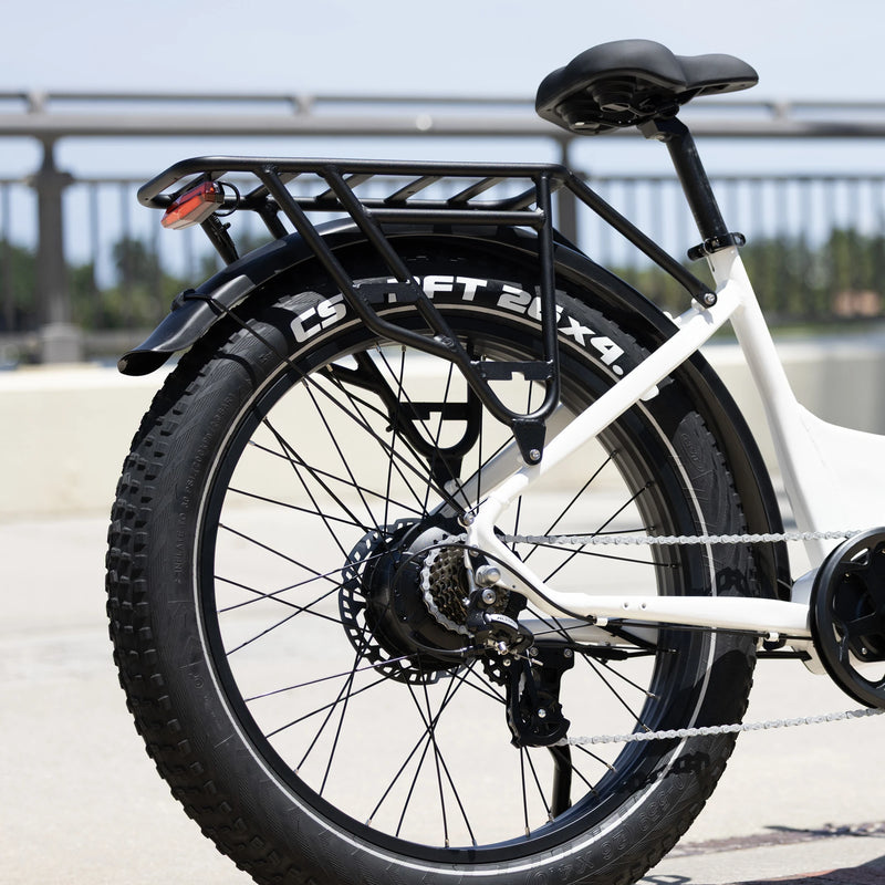 Close-up of Kingbull electric bike rear wheel featuring Bafang motor hub with rear cargo rack and disc brake system