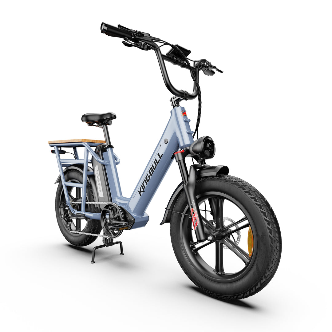 Grey Kingbull Dual Battery Voyager 2.0 electric bike rear angle view highlighting rear cargo rack and frame structure