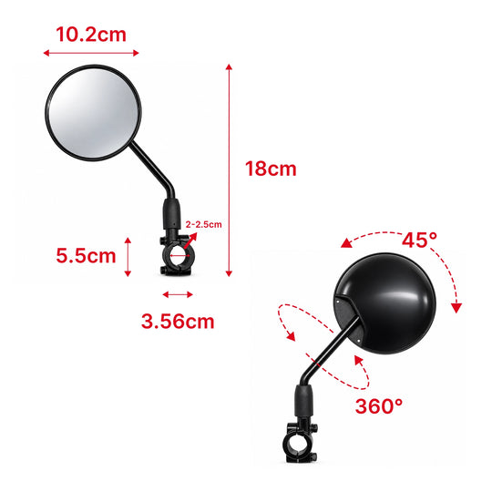 Dimensions of the high-definition e-bike rearview mirror with 8 mm mount, showing product length, width, and height.