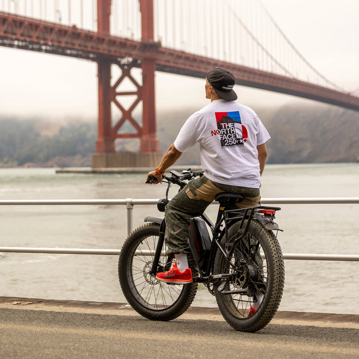 Kingbull Hunter 2.0S electric bike taking on urban exploration near San Francisco Golden Gate Bridge.