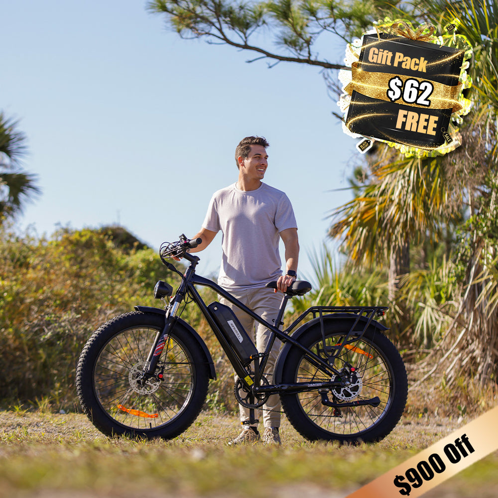 Black Kingbull Hunter 2.0 electric bike promotion - $900 discount with free $62 gift pack in tropical setting