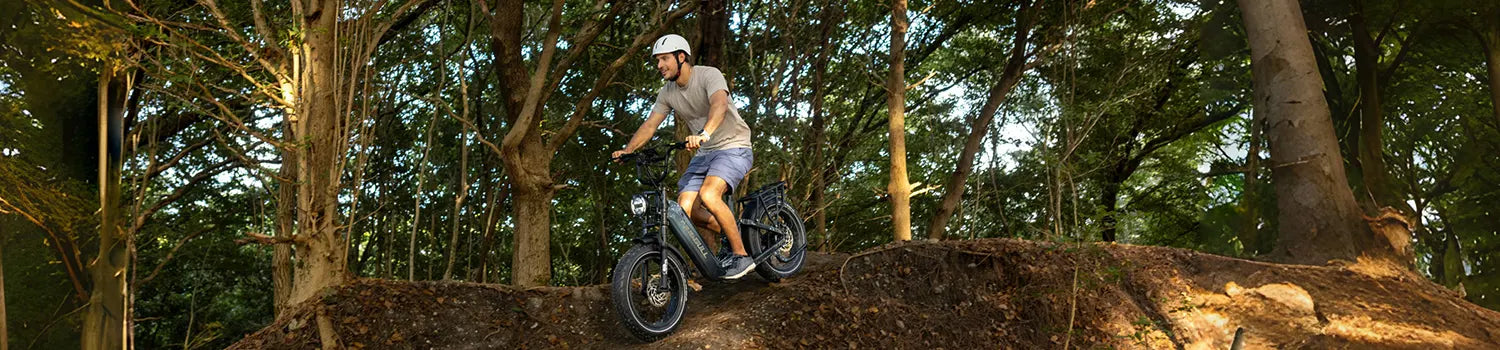 A man rides the Kingbull Step thru Ebike on the forest trail