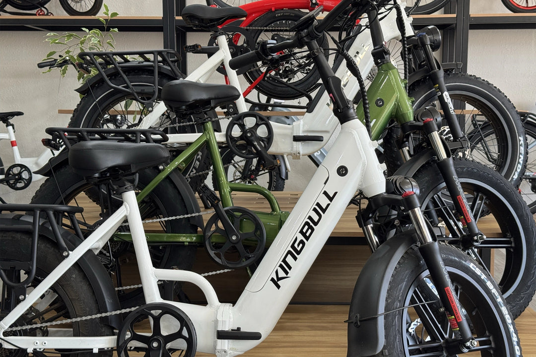 Row of electric bikes with Kingbull branding in a store setting
