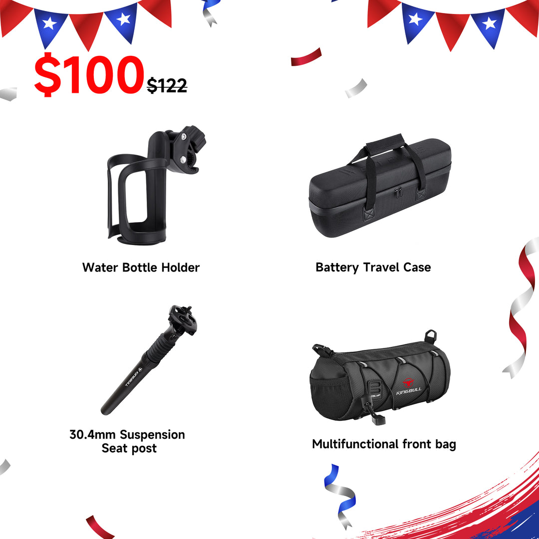 Kingbull 4-piece cycling set, including water bottle holder, front bag, shock absorber seat post, and battery storage bag.