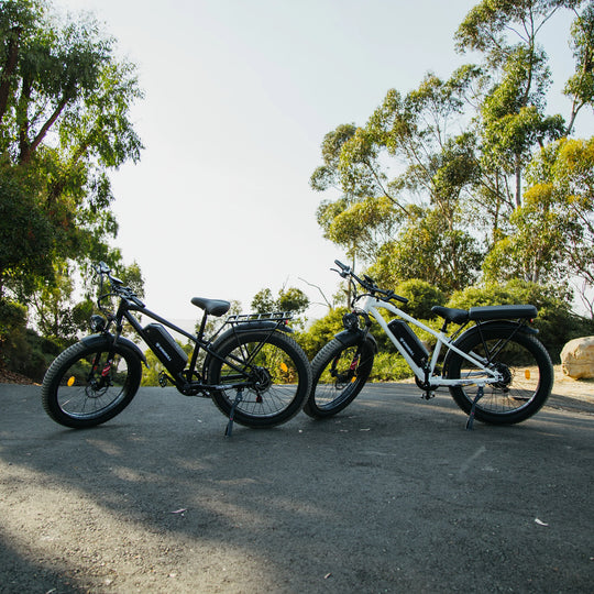 Two Kingbull Hunter mountain electric bikes displayed on road showcasing different color options