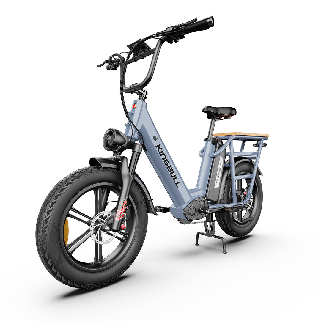 Grey KINGBULL dual battery Voyager 2.0 electric bike front angle view showing handlebars, headlight and overall design