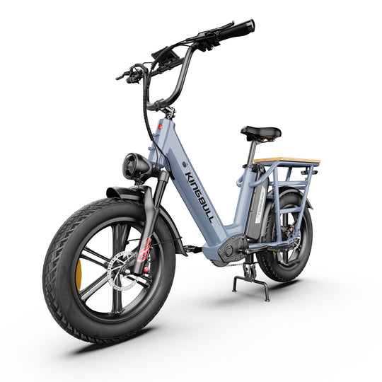 Grey KINGBULL dual battery Voyager 2.0 electric bike front angle view showing handlebars, headlight and overall design
