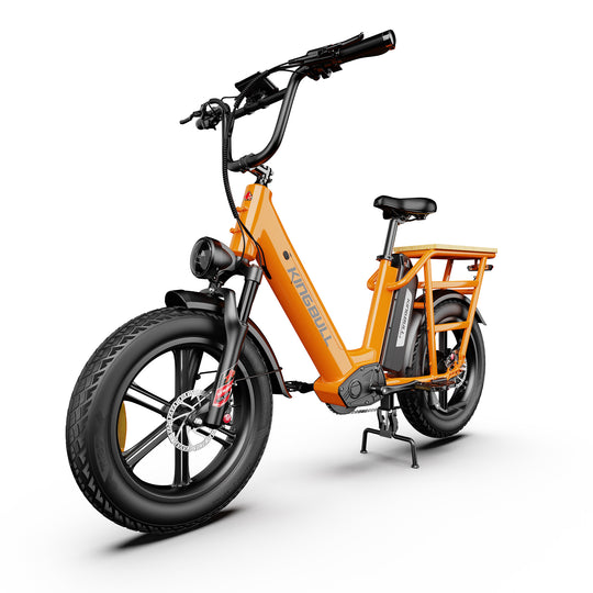 Orange KINGBULL dual battery Voyager 2.0 electric bike front angle view showing handlebars, headlight and overall design