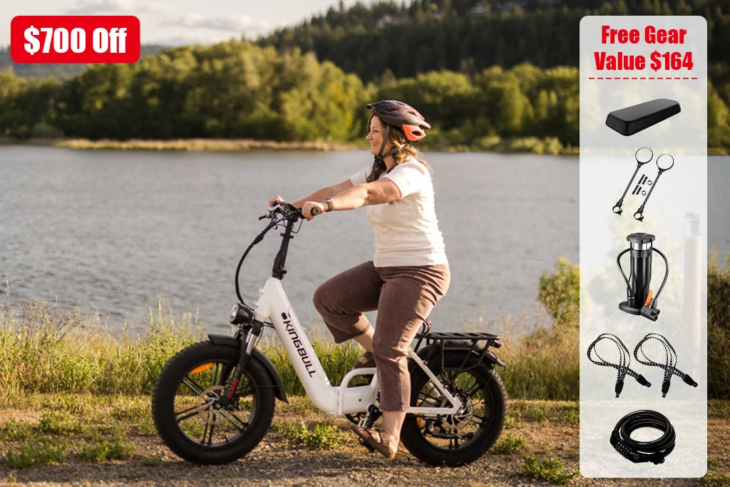 Kingbull Literider 2.0 Electric bike promotion - Woman riding white e-bike by lakeside with $700 off deal and free gear worth $164 including seat cushion, mirrors, pump, straps, and lock