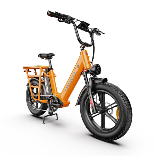 Orange Kingbull Dual Battery Voyager 2.0 electric bike rear angle view highlighting rear cargo rack and frame structure