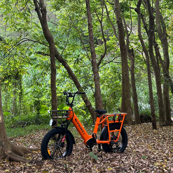 Orange cargo electric bike Voyager2.0 in the woods