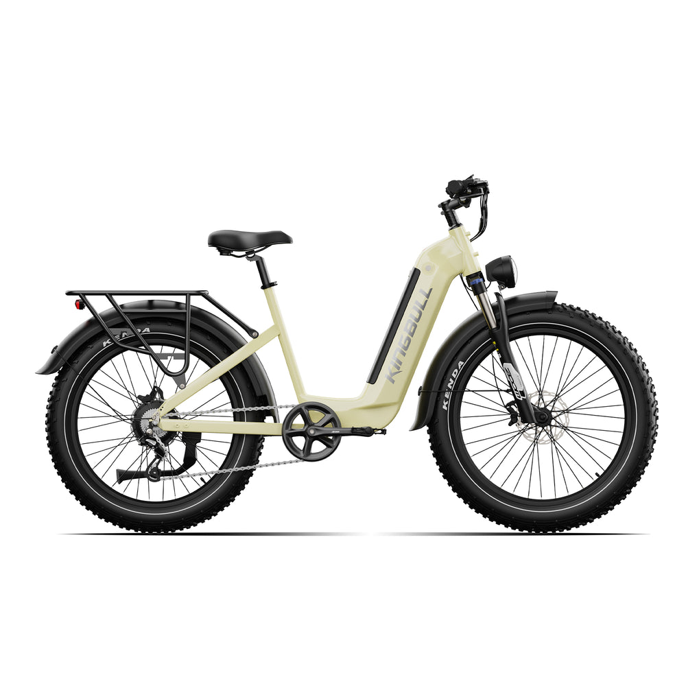 Kingbull Trekker electric bike in honeydew green, full side view showing premium step-through city design