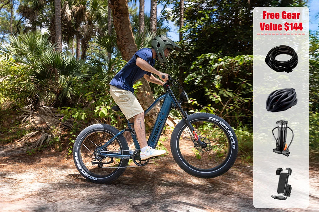 Kingbull Rover 2.0 Electric bike promotion - Man riding blue e-bike through tropical palm forest with free gear worth $144 including lock, helmet, pump, and phone mount