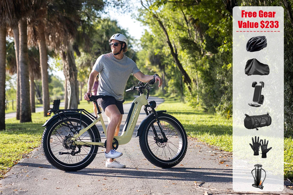 Kingbull Trekker Electric bike promotion - Man with e-bike on tree-lined park path with free gear worth $233 including helmet, bike cover, phone mount, handlebar bag, gloves, and pump