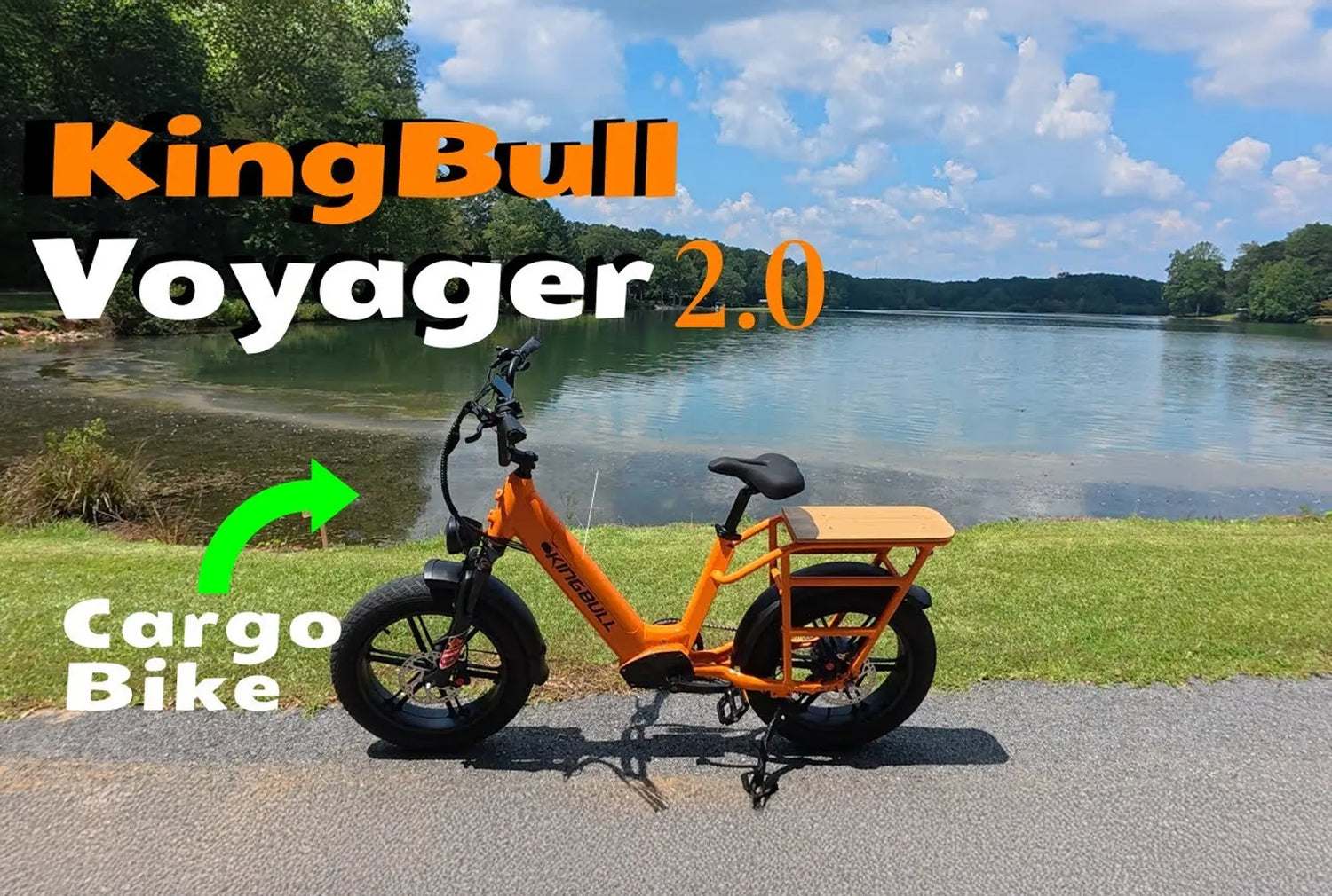 An orange freight electric bike parked by the lake