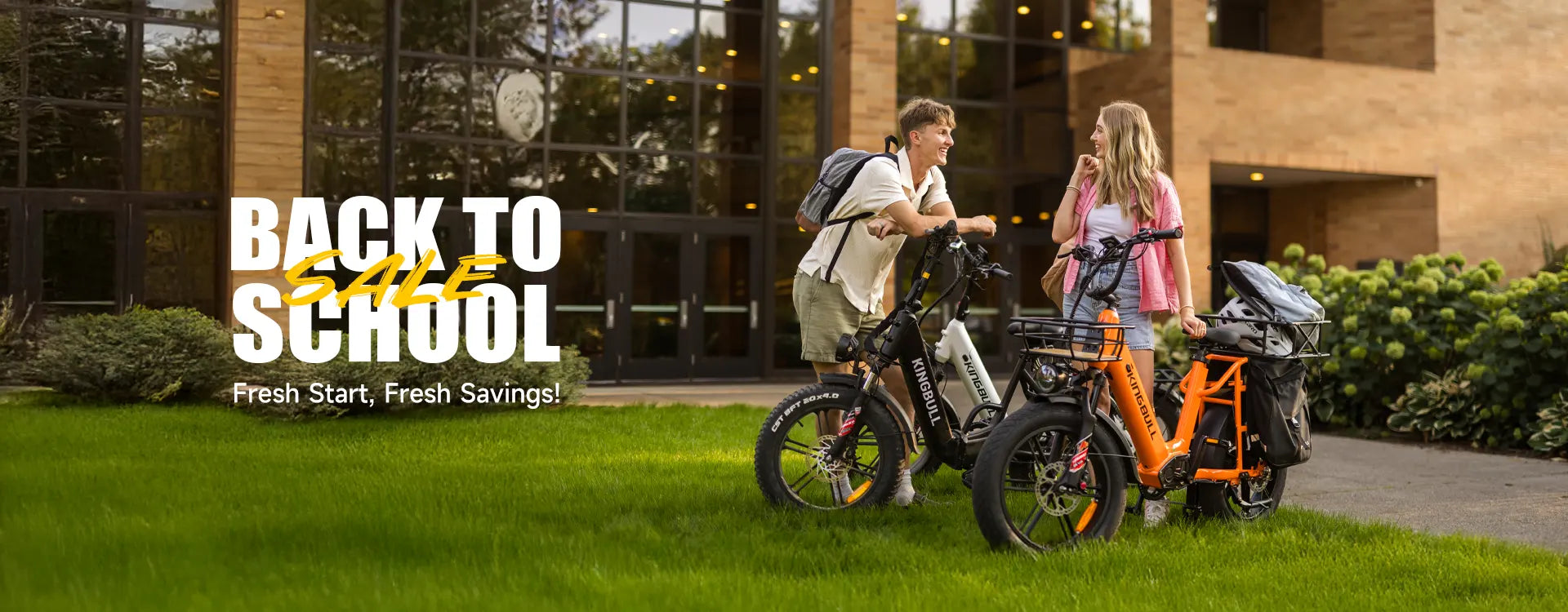 Back to School promotion - Two students riding Kingbull electric bikes outside campus, showcasing Fresh Start, Fresh Savings offer