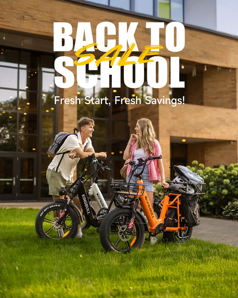 Back to School promotion - Two students riding Kingbull electric bikes outside campus, showcasing Fresh Start, Fresh Savings offer