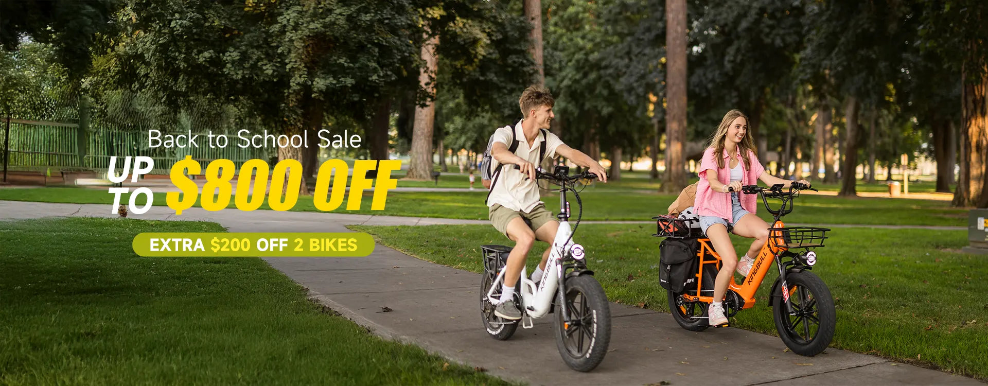 Back to School Sale - Up to $800 off electric bikes, two students riding King bull electric bikes in campus, extra $200 off 2 bikes promotion