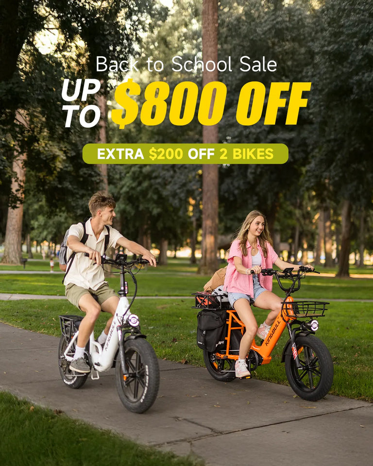 Back to School Sale - Up to $800 off electric bikes, two students riding King bull electric bikes in campus, extra $200 off 2 bikes promotion