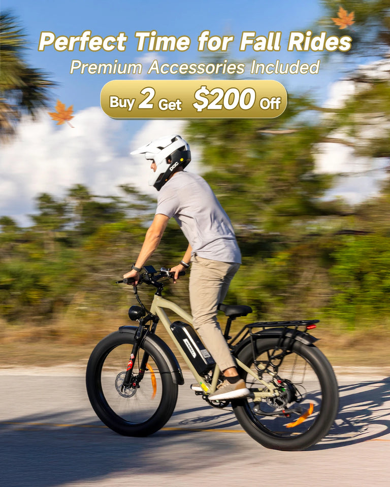 Fall bike promotion banner showing cyclist in white helmet riding the Kingbull Hunter 2.0 electric bike on road with motion blur, featuring text 'Perfect Time for Fall Rides' with premium accessories included and Buy 2 Get $200 Off offer