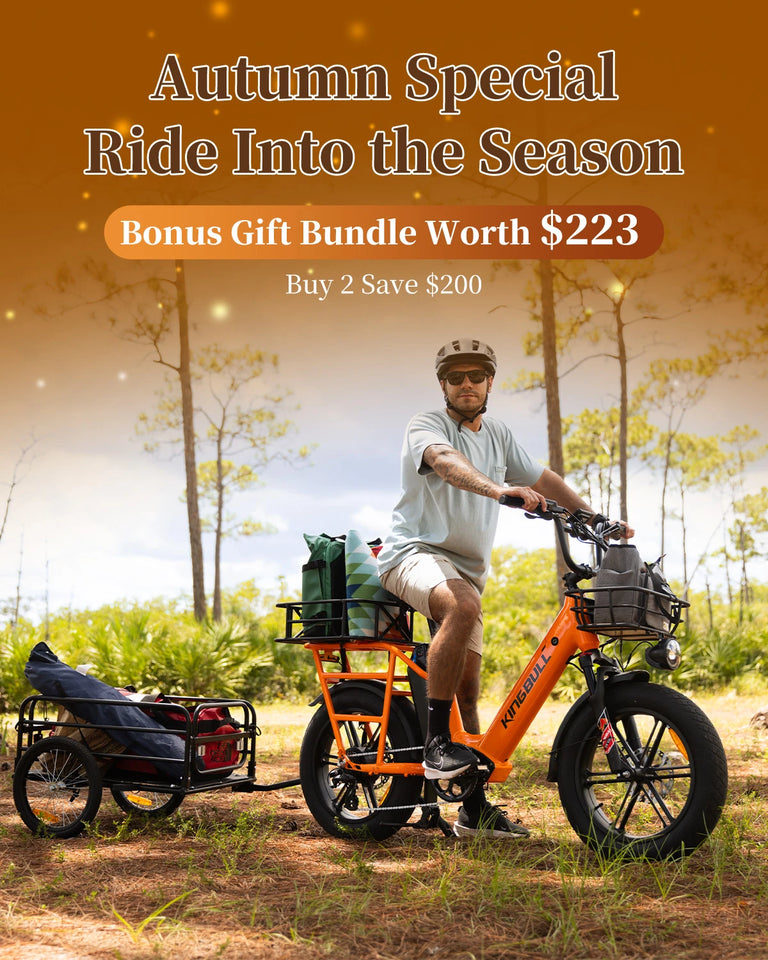Autumn Special promotion banner showing a cyclist with helmet riding the Orange Kingbull Voyager2.0 electric bike through a sunny forest with a trailer attached, featuring text 'Ride Into the Season' with bonus gift bundle worth $223 and Buy 2 Save $200 offer