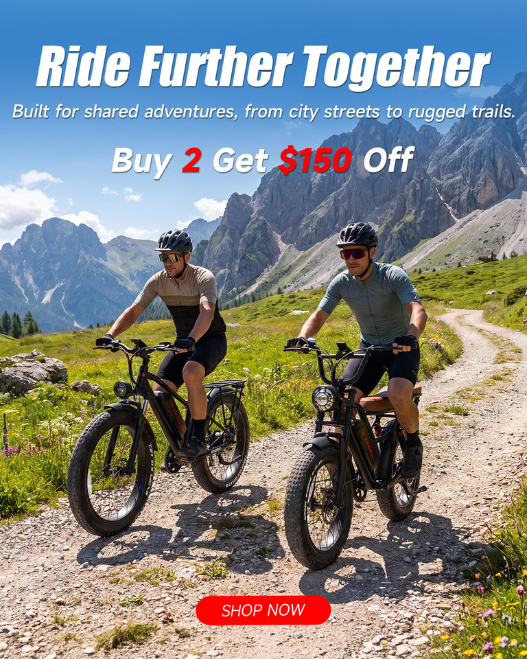 Kingbull Ranger and Hunter 2.0S fat tire electric bikes with up to 80 miles of range and Buy 2 Get $150 Off anniversary offer